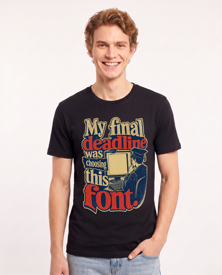 Graduation Men's Black T-Shirt – My final deadline was choosing this font. product image 1