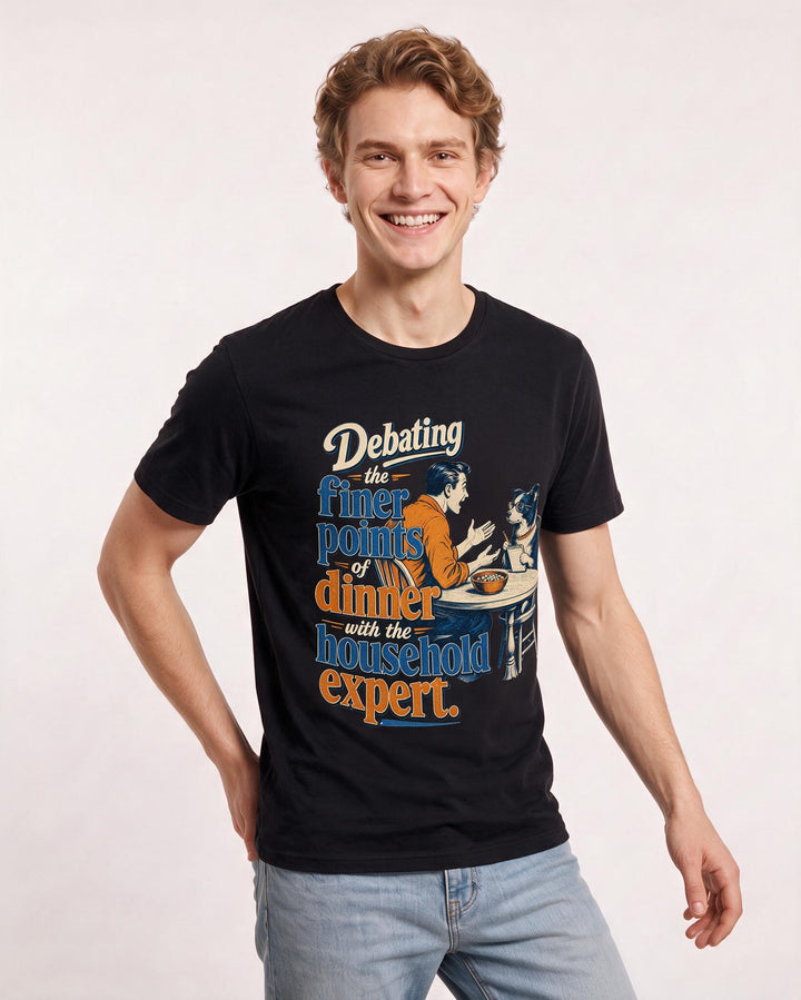 Funny Cat Lover Men's Black T-Shirt – Debating the finer points of dinner with the household expert product image 3