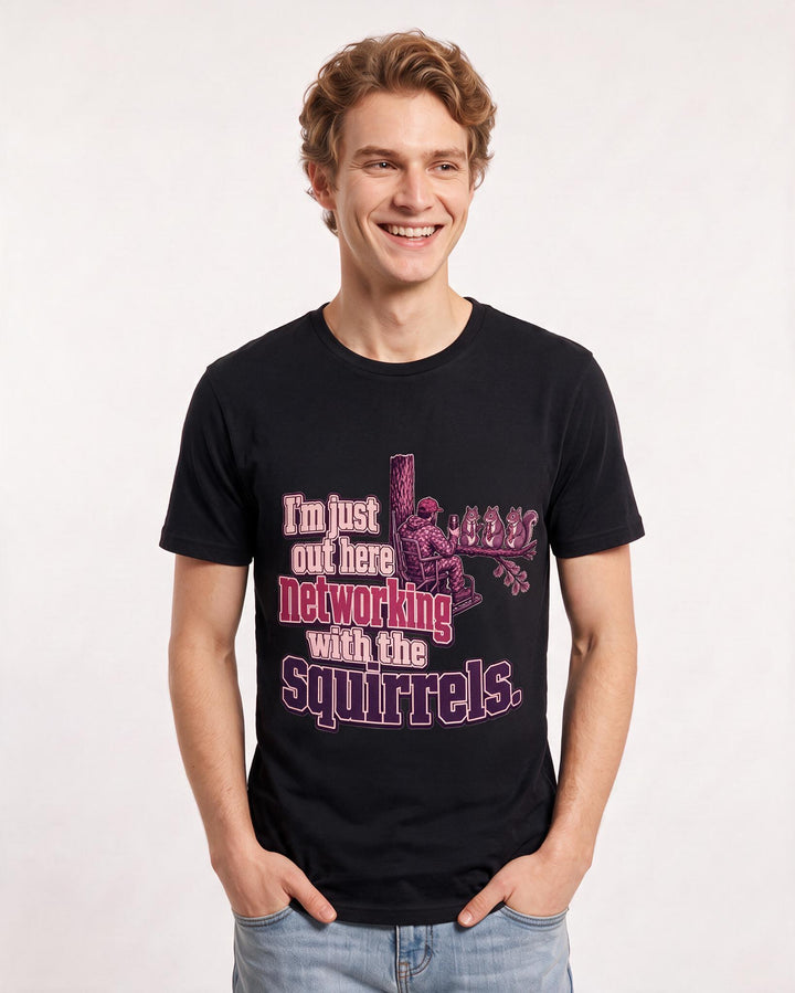 Funny Hunting Men's Black T-Shirt – I'm just out here networking with the squirrels. product image 3