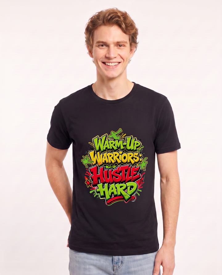 Warm-Up Warriors: Hustle Hard Men's Black T-Shirt product image 1