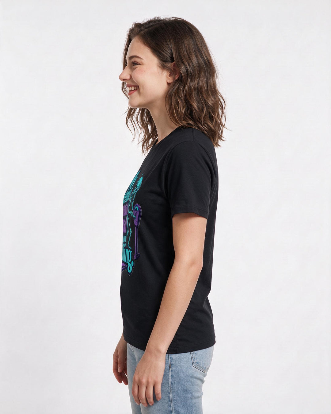 Funny Halloween Women's Black T-Shirt – My skeleton's existential dread is mostly about parking. product image 2