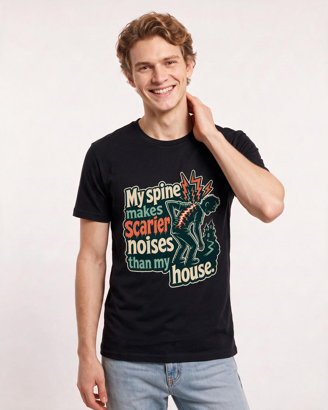 Funny Halloween Men's Black T-Shirt – My spine makes scarier noises than my house. product image 3
