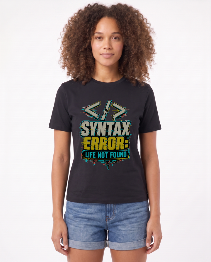 Syntax Error: Life Not Found Black T-Shirt mockup 1