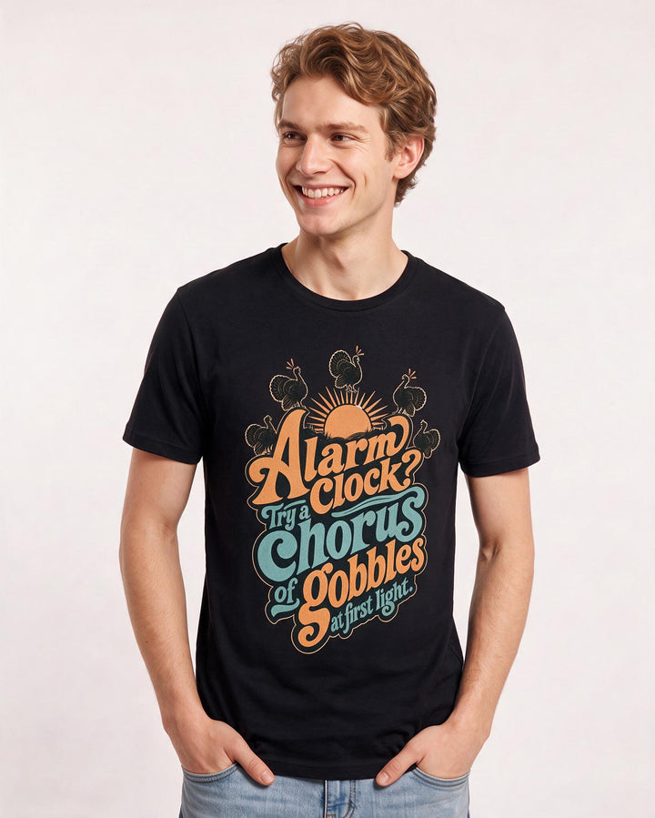 Hunting Men's Black T-Shirt – Alarm clock? Try a chorus of gobbles at first light. product image 3
