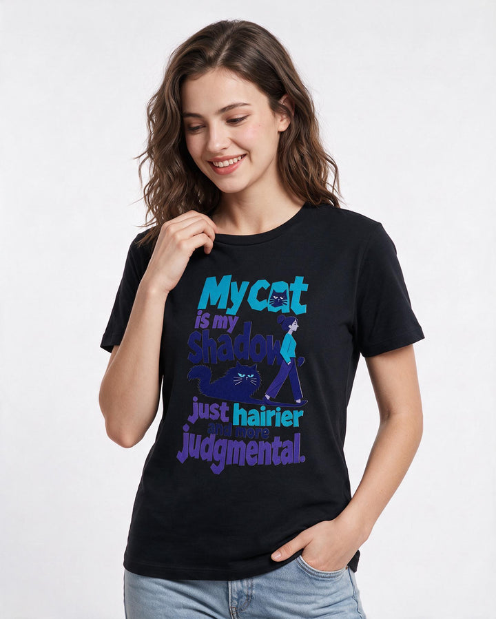 Cat Lover Women's Black T-Shirt – "My cat is my shadow, just hairier and more judgmental," product image 3