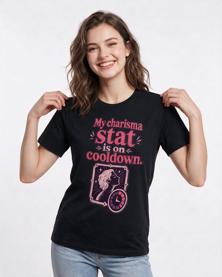 Gaming Women's Black T-Shirt – My charisma stat is on cooldown. product image 3