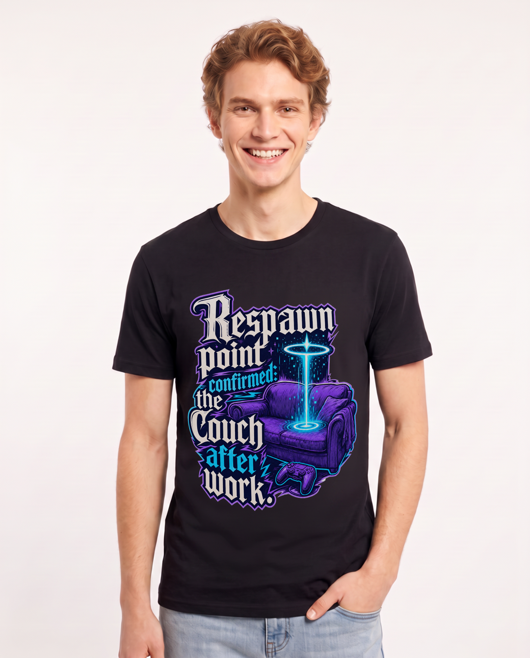 Gaming Men's Black T-Shirt – Respawn point confirmed: the couch after work product image 1