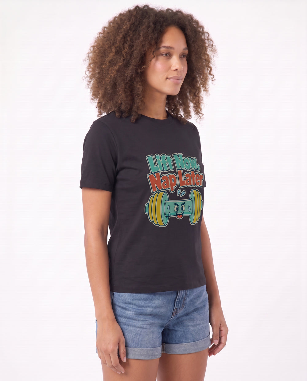 Lift Now, Nap Later Black T-Shirt mockup 2