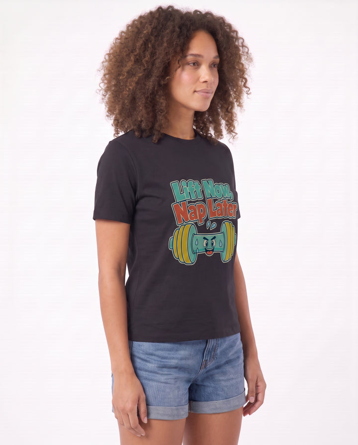Lift Now, Nap Later Black T-Shirt mockup 2