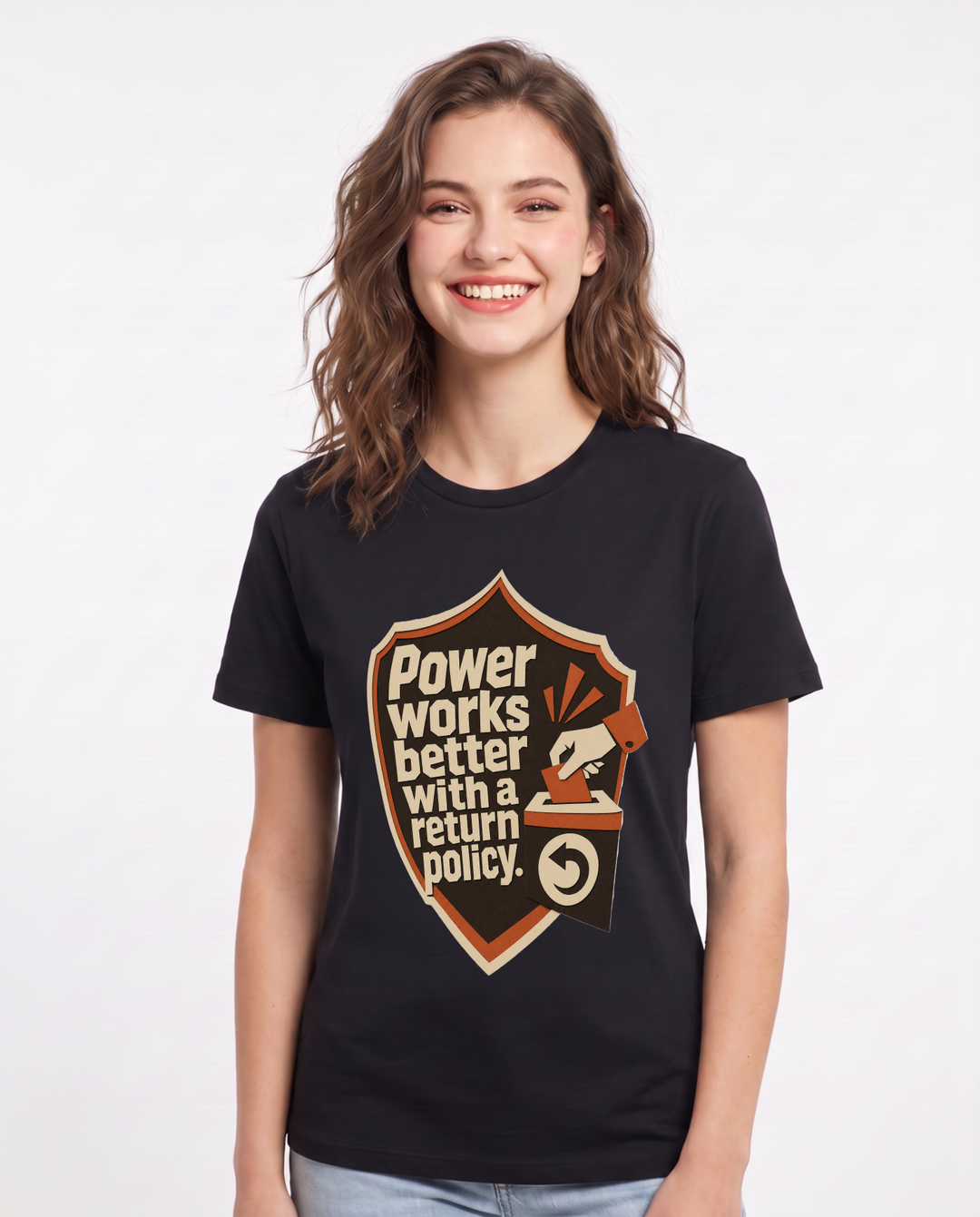 Graphic Women's Black T-Shirt - Power works better with a return product image 1