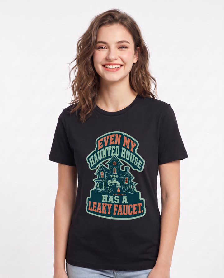 Halloween Women's Black T-Shirt - Even my haunted house has a leaky product image 1