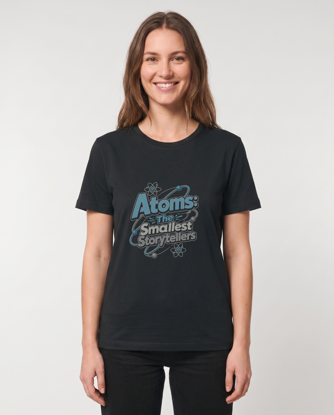 Atoms: The Smallest Storytellers Black T-Shirt mockup 1