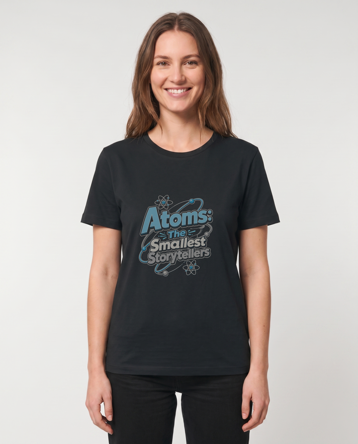 Atoms: The Smallest Storytellers Black T-Shirt mockup 1