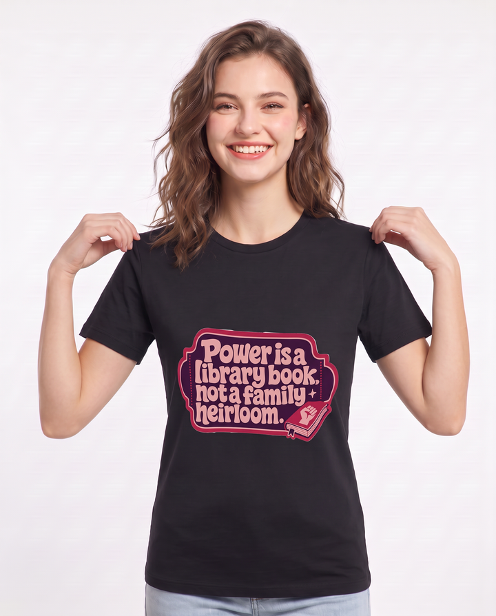Graphic Women's Black T-Shirt - Power is a library book, not a family product image 3
