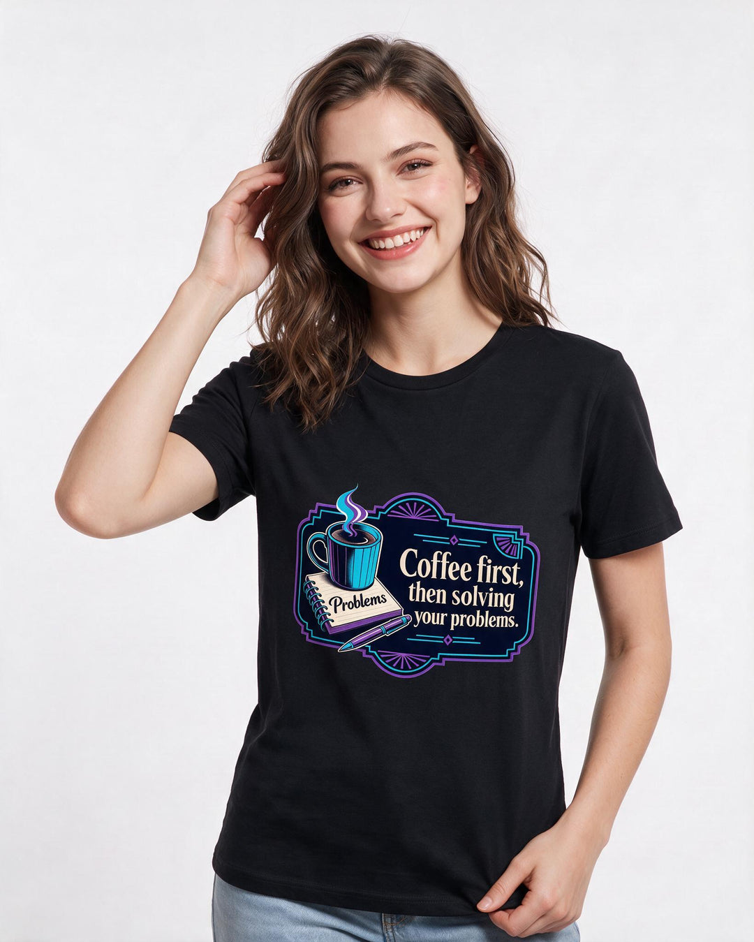 Mom Women's Black T-Shirt – Coffee first, then solving your problems. product image 3
