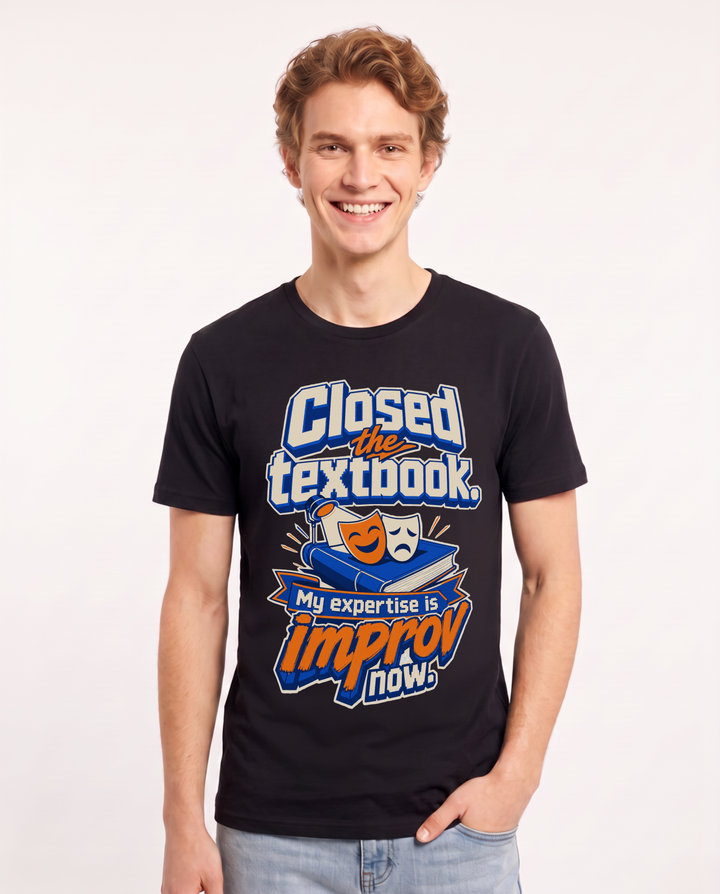 Funny Graduation Men's Black T-Shirt – Closed the textbook. My expertise is improv now. product image 1