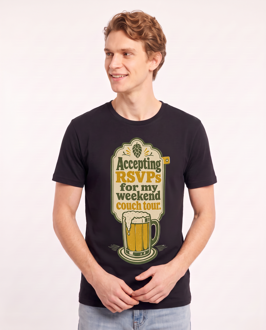 Funny Beer Men's Black T-Shirt - Accepting RSVPs for my weekend couch product image 3