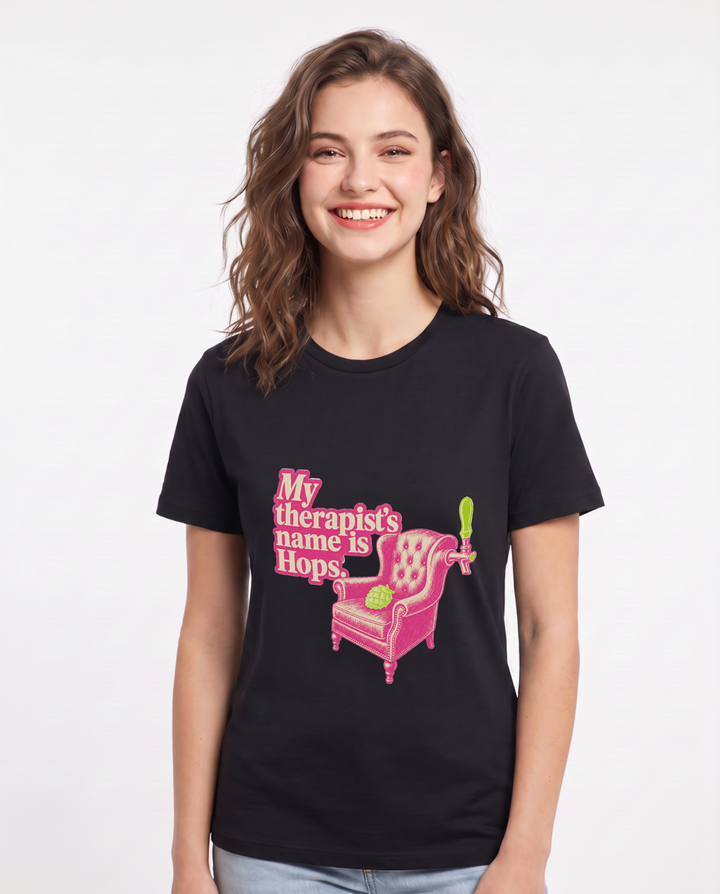 My therapist's name is Hops. - Women's Black T-Shirt product image 2