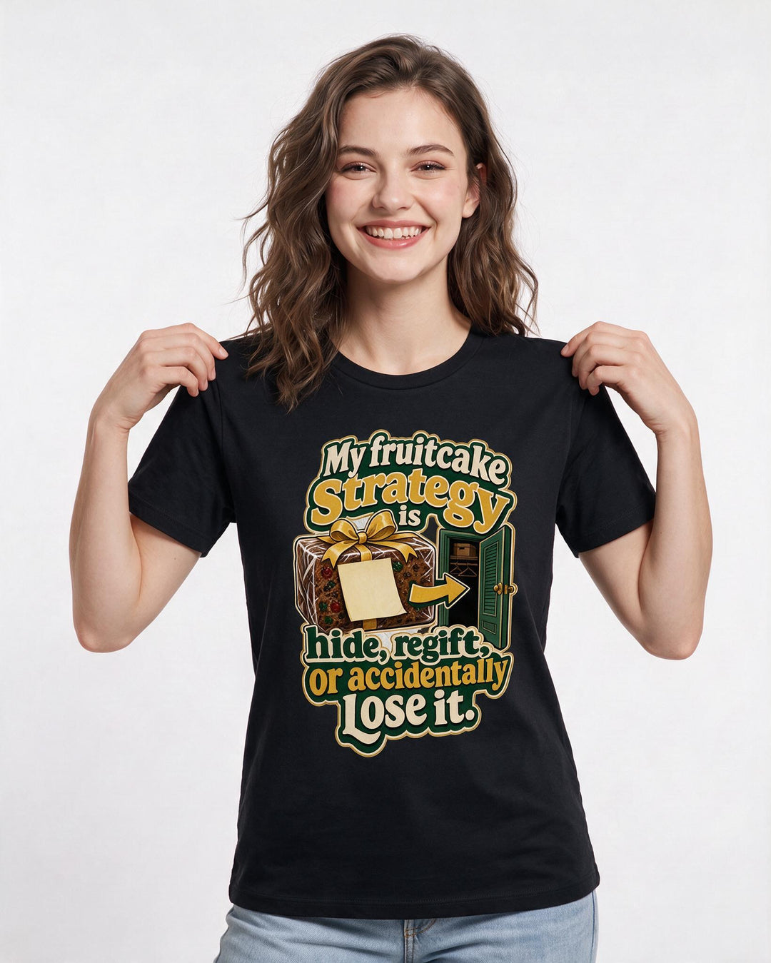 Christmas Women's Black T-Shirt – My fruitcake strategy is hide, regift, or accidentally lose it. product image 3