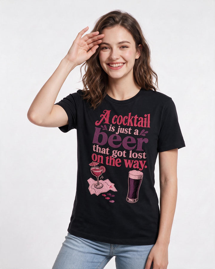Funny Beer Women's Black T-Shirt – A cocktail is just a beer that got lost on the way. product image 3