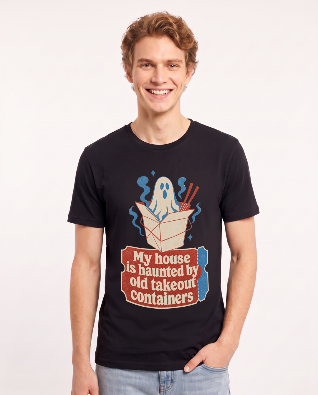 Halloween Men's Black T-Shirt - My house is haunted by old takeout product image 1