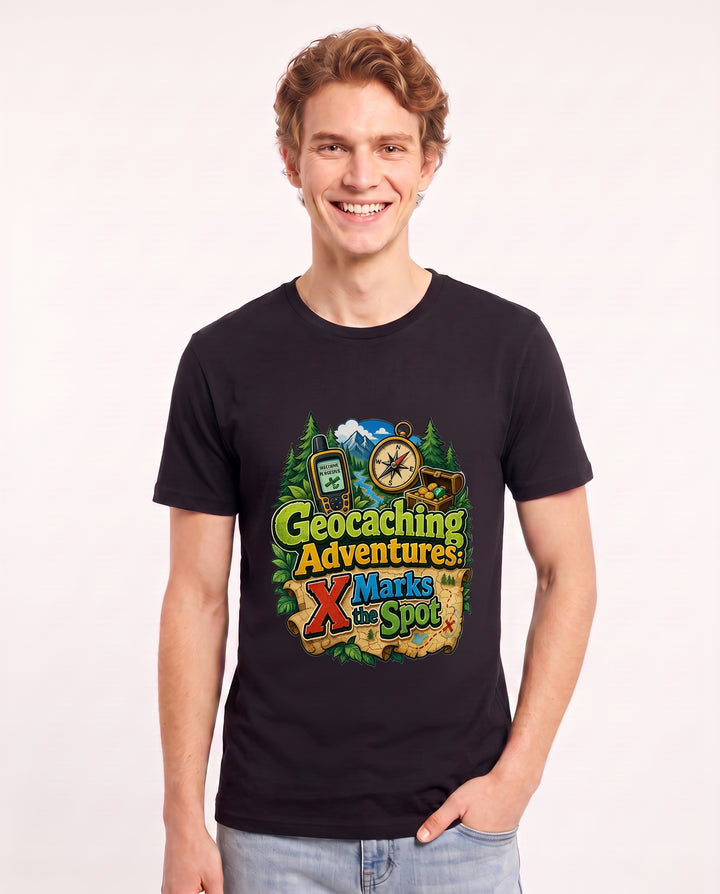 Geocaching Adventures: X Marks the Spot Men's Black T-Shirt product image 1