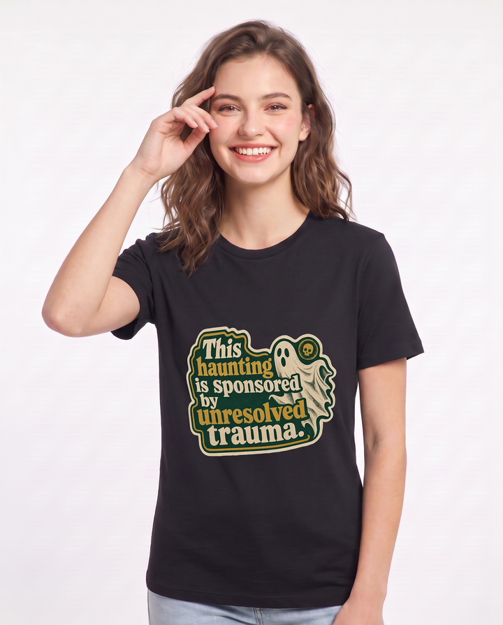 Halloween Women's Black T-Shirt - This haunting is sponsored by product image 3