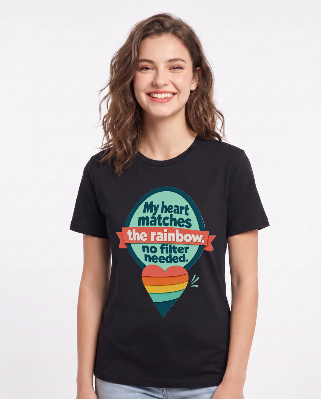 Graphic Women's Black T-Shirt - My heart matches the rainbow, no product image 1