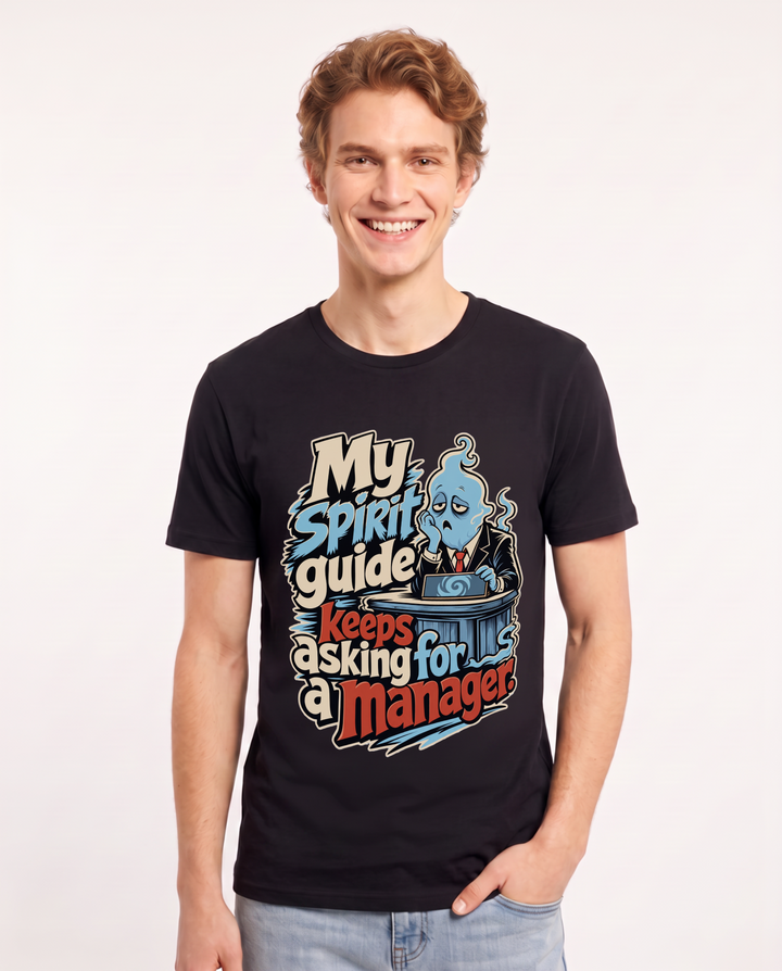 Funny Halloween Men's Black T-Shirt – My spirit guide keeps asking for a manager. product image 1