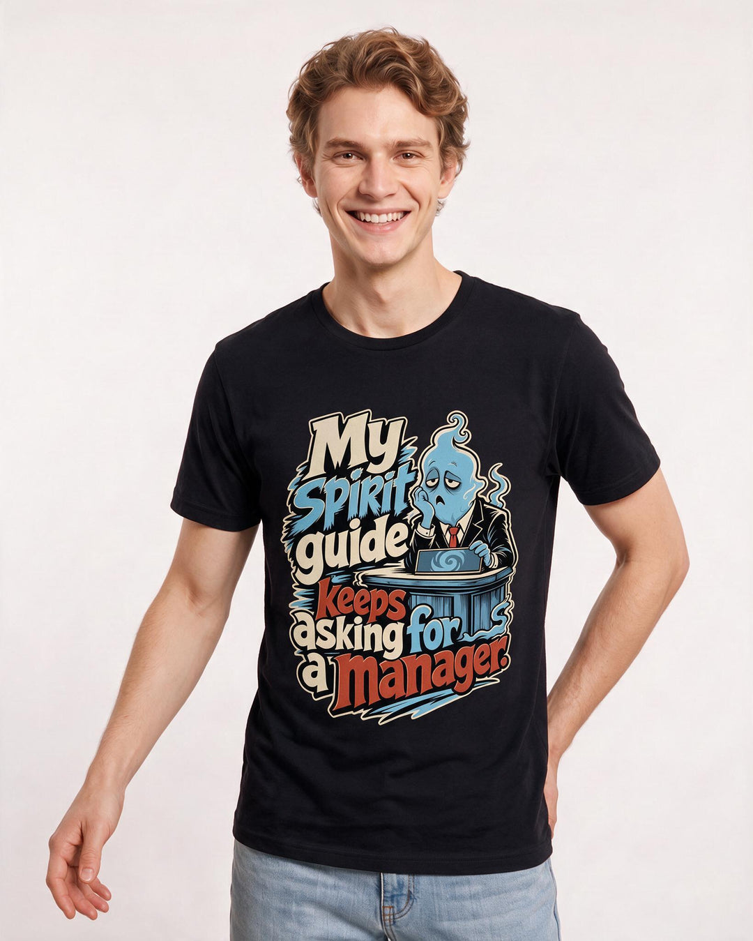 Funny Halloween Men's Black T-Shirt – My spirit guide keeps asking for a manager. product image 3