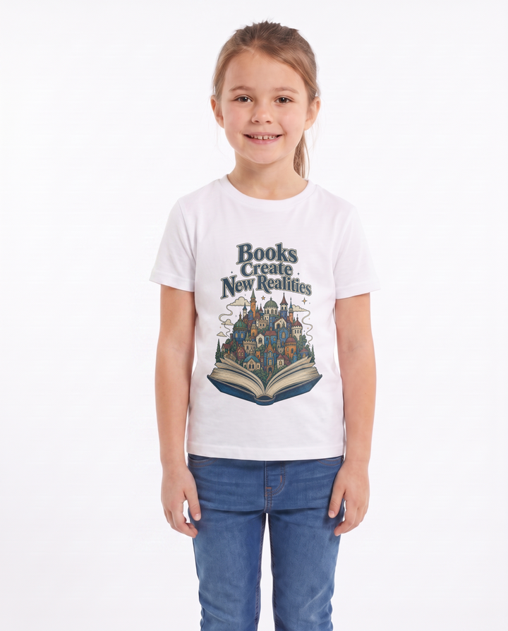 Books Create New Realities White T-Shirt mockup 1