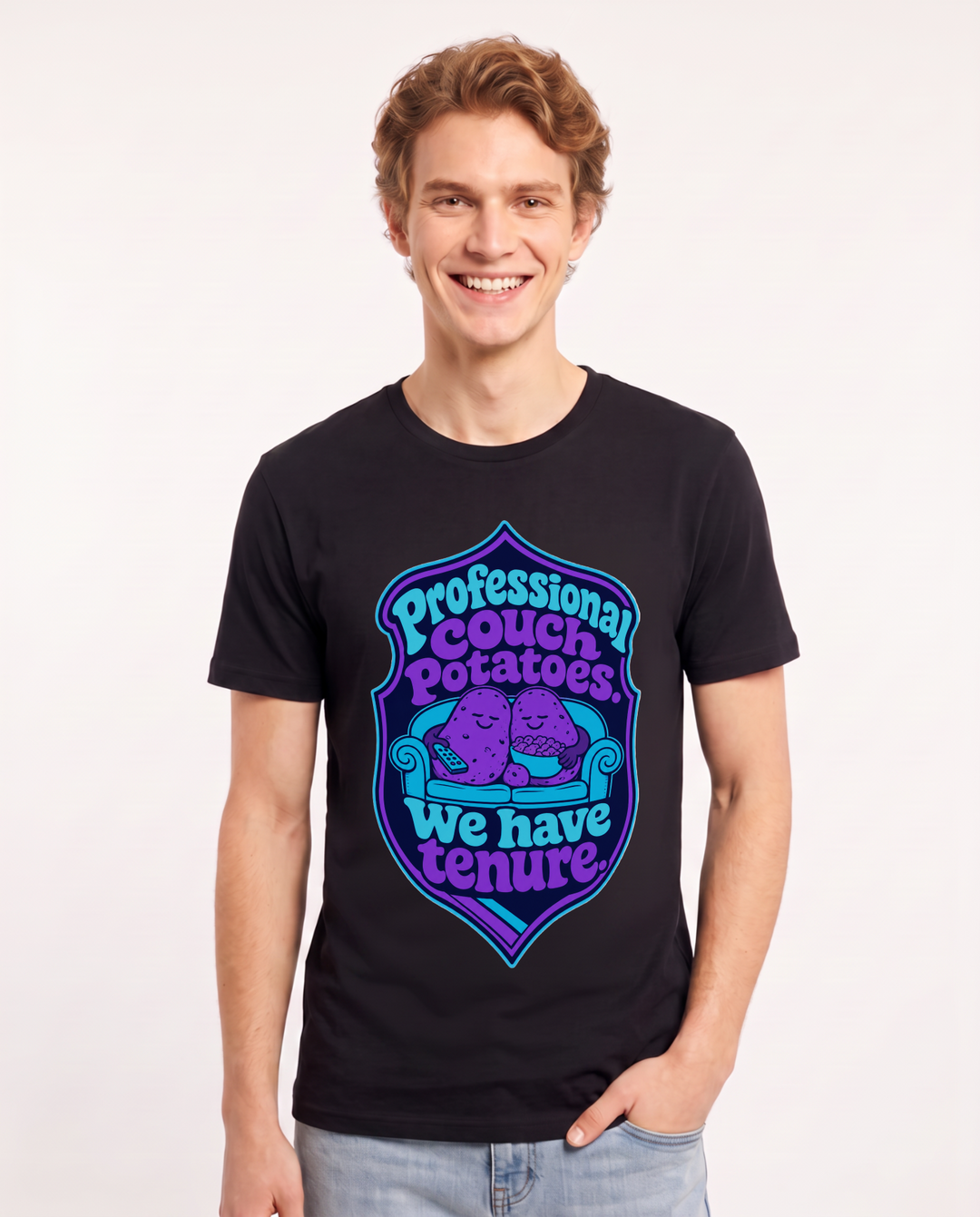 Couples Men's Black T-Shirt - Professional couch potatoes. We have product image 1