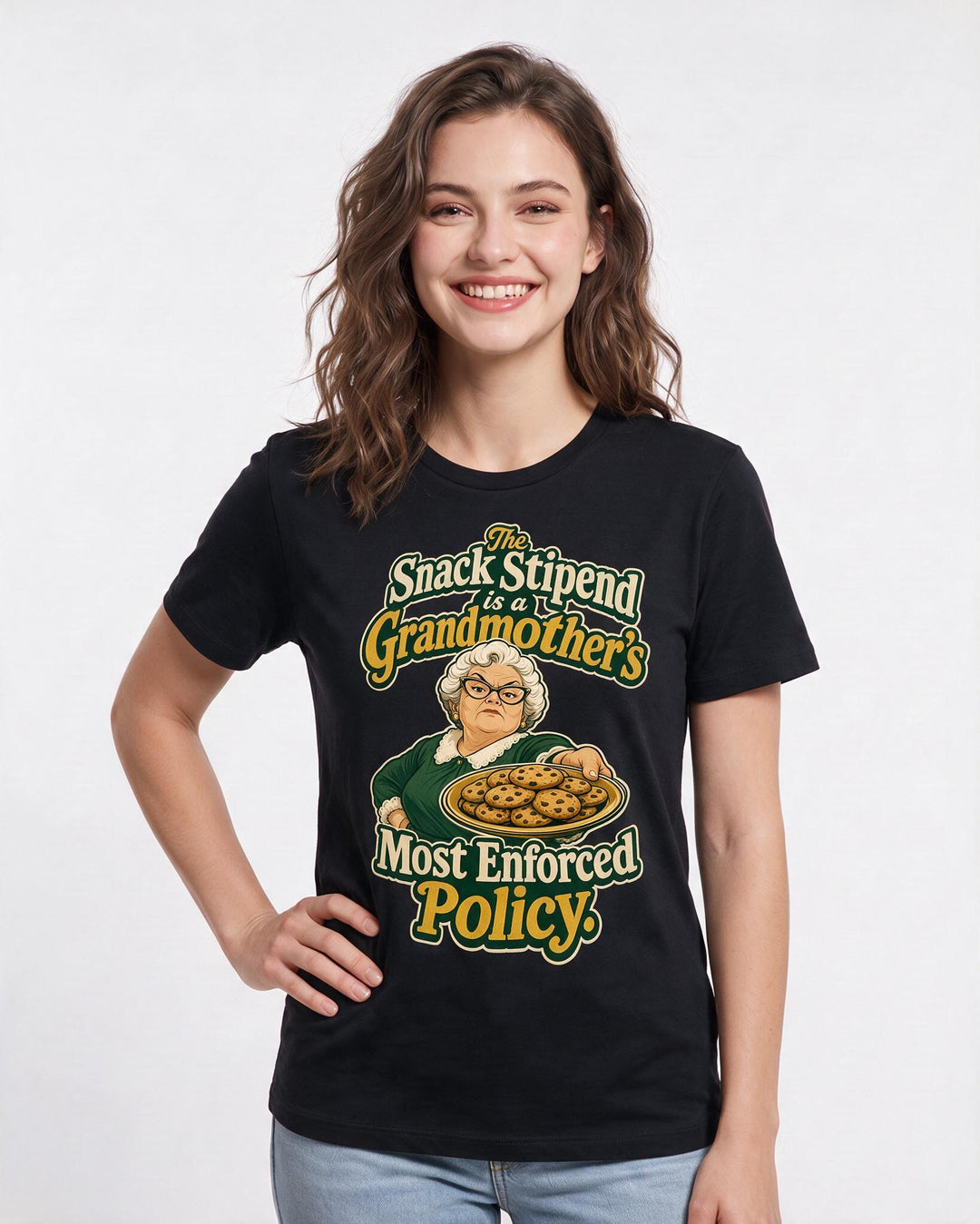 Grandparent Women's Black T-Shirt – The Snack Stipend is a Grandmother’s Most Enforced Policy. product image 3