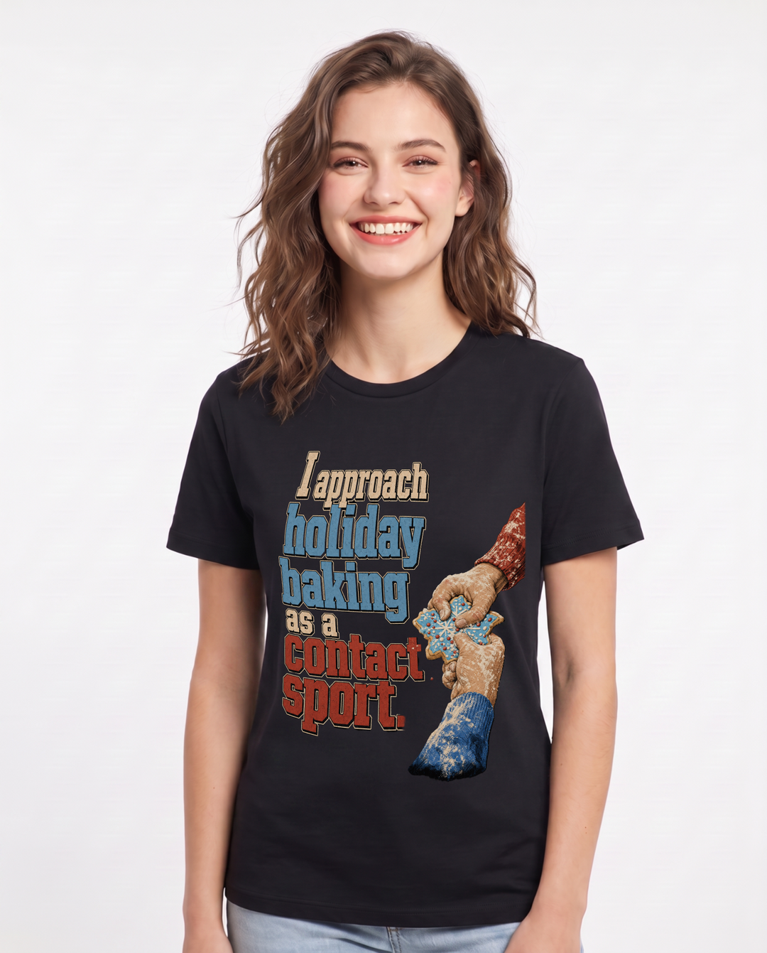 Christmas Women's Black T-Shirt – I approach holiday baking as a contact sport. product image 1