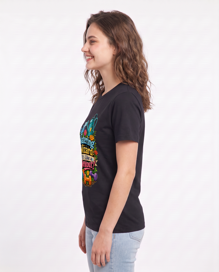 Watering Wizard: It’s Like a Workout! Women's Black T-Shirt product image 3