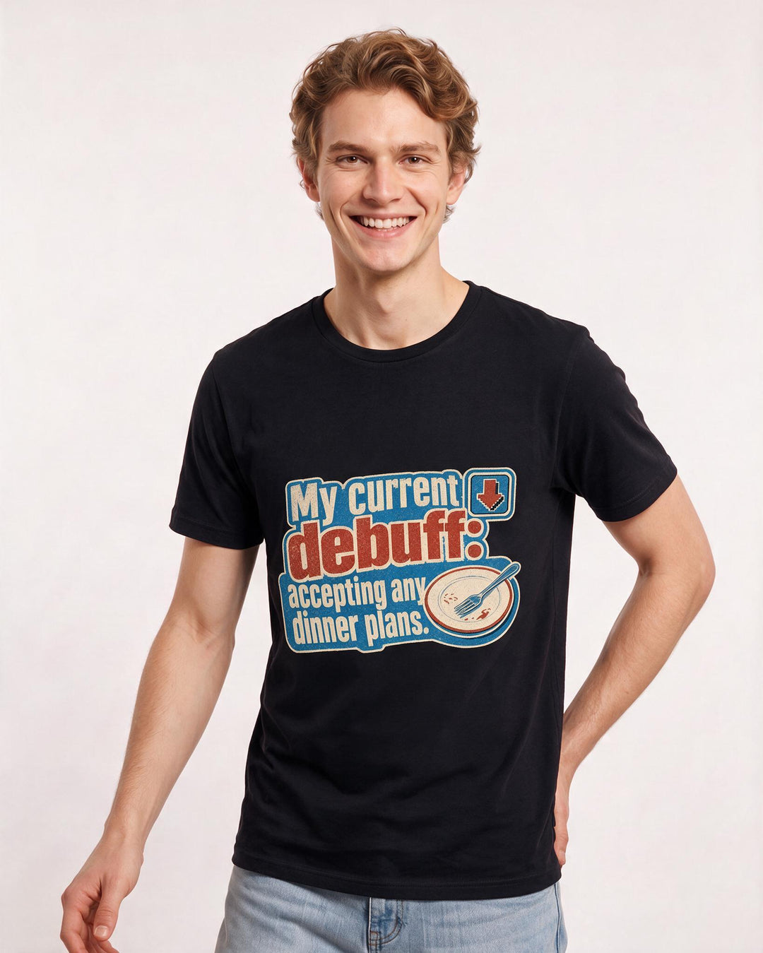 Funny Gaming Men's Black T-Shirt – My current debuff: accepting any dinner product image 3