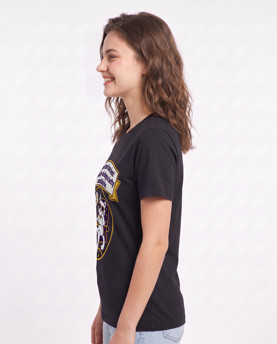 My cat knows 'come here' perfectly—she charges a hefty consultation fee. Women's Black T-Shirt product image 3