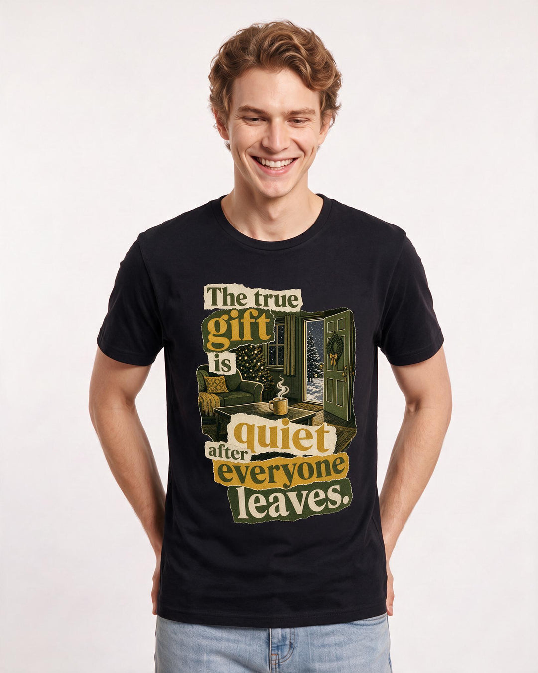 Christmas Men's Black T-Shirt – The true gift is quiet after everyone leaves. product image 3