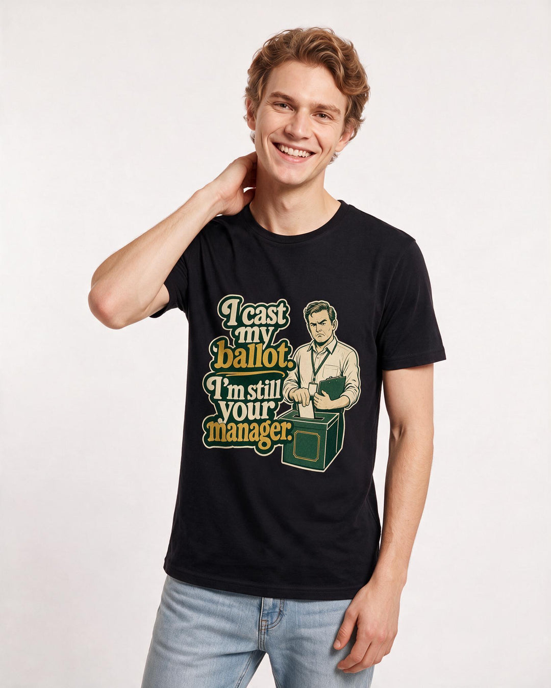 Political Statement Men's Black T-Shirt – I cast my ballot. I'm still your manager. product image 3