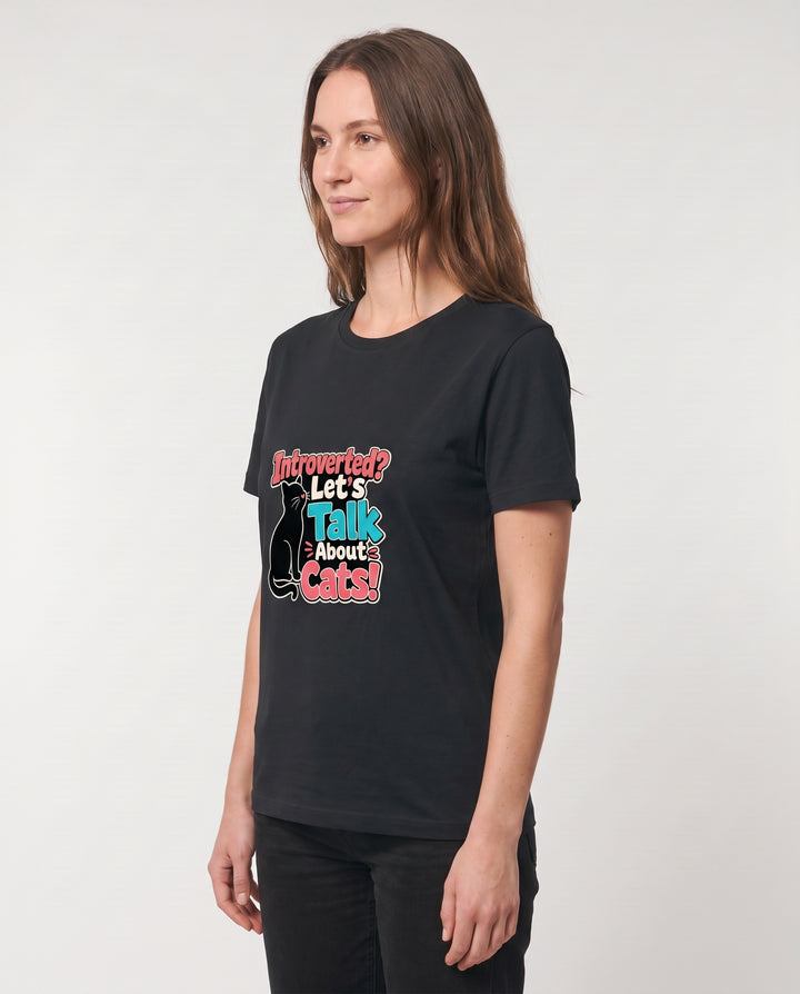 Introverted? Let's Talk About Cats! Black T-Shirt mockup 2