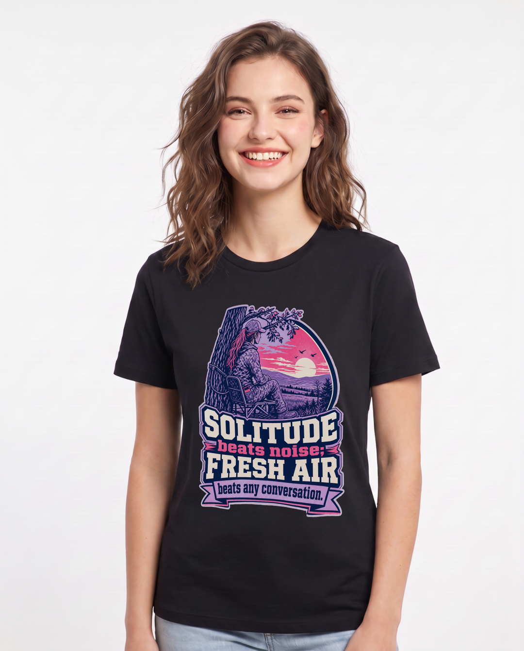 Hunting Women's Black T-Shirt – Solitude beats noise; fresh air beats any conversation. product image 1