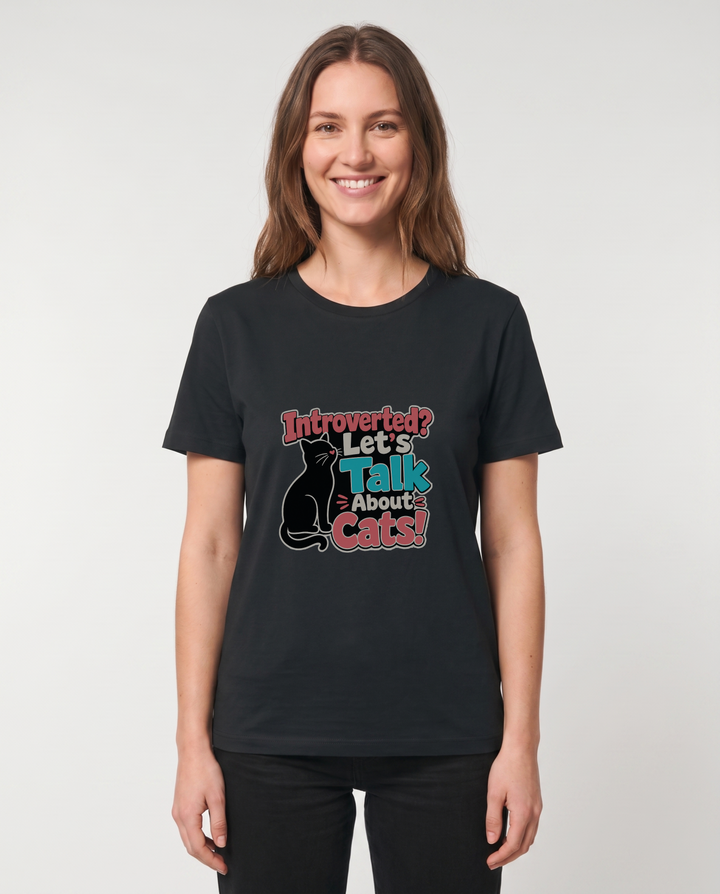 Introverted? Let's Talk About Cats! Black T-Shirt mockup 1