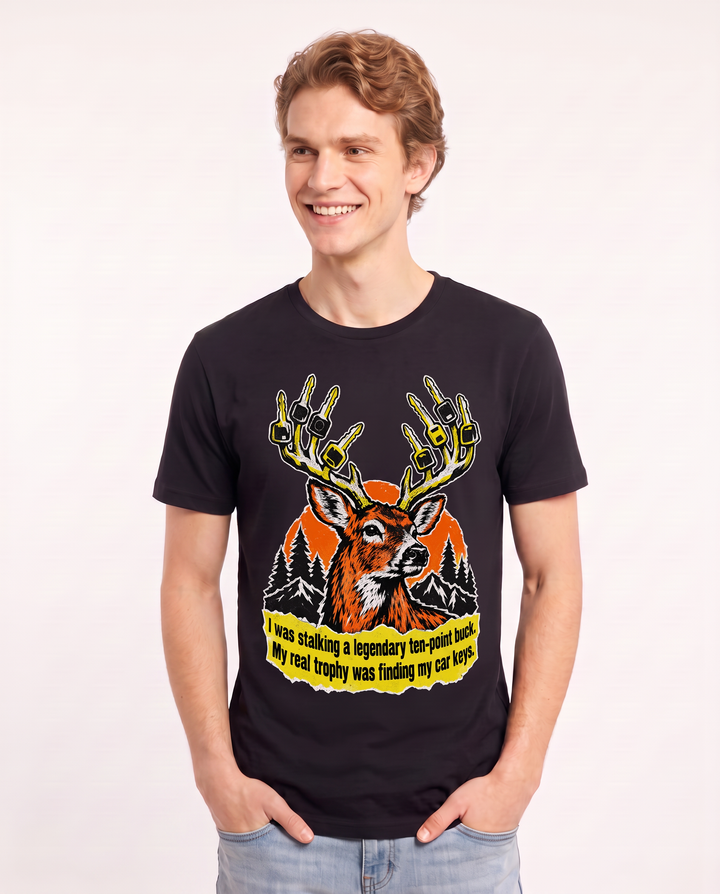 I was stalking a legendary ten-point buck. My real trophy was finding my car keys. Men's Black T-Shirt product image 1