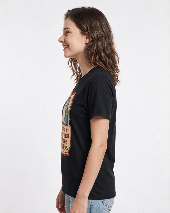 Halloween Women's Black T-Shirt - Seeking a friendly ghost to share my product image 2