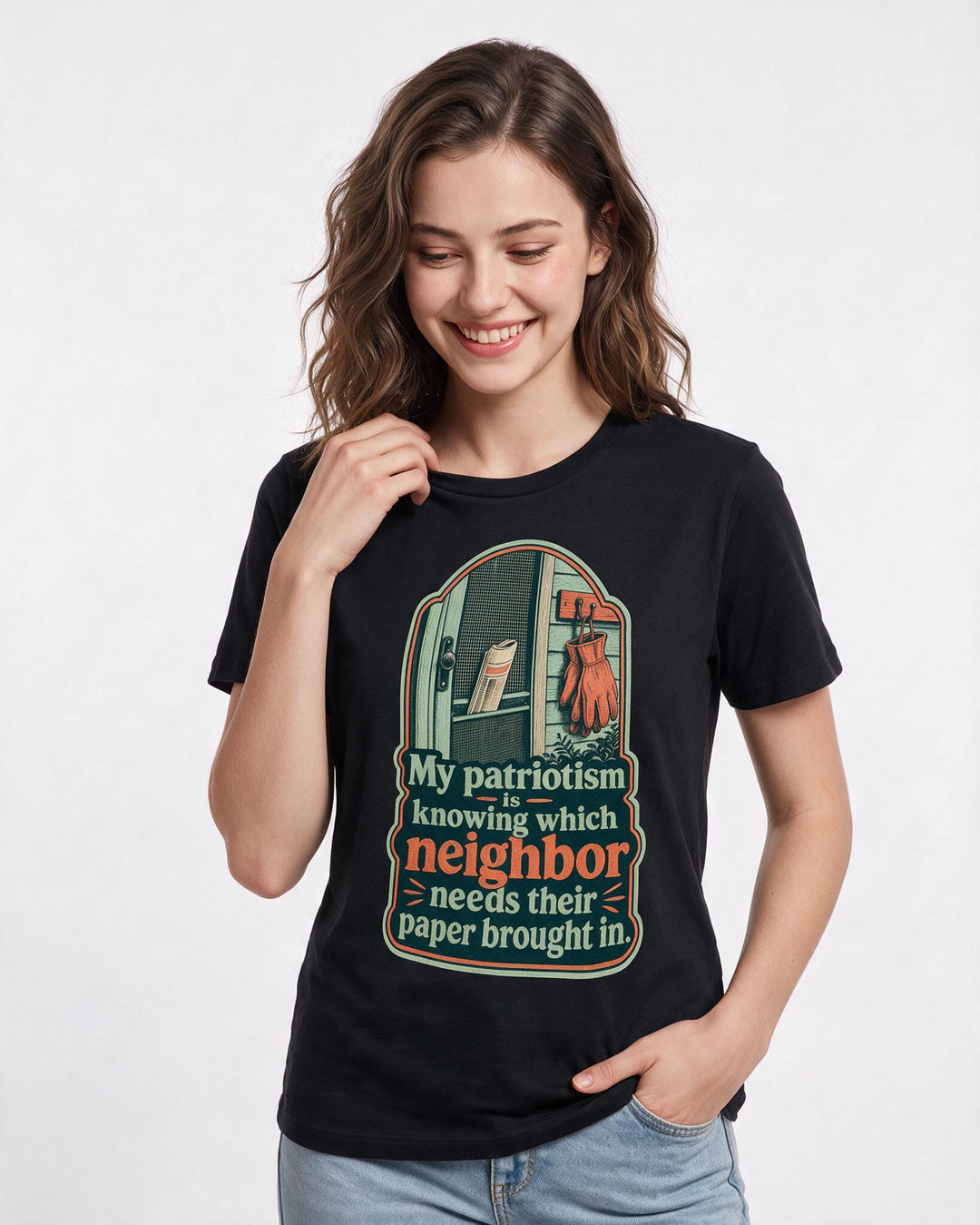Patriotic Women's Black T-Shirt – My patriotism is knowing which neighbor needs their paper brought in product image 3