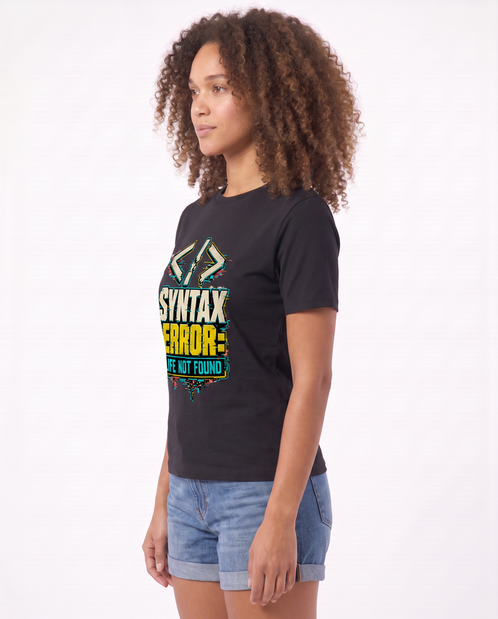 Syntax Error: Life Not Found Black T-Shirt mockup 2