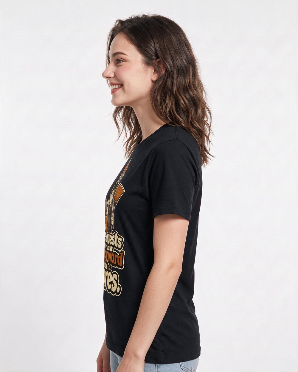 Funny Gaming Women's Black T-Shirt – Side quests are just a fancy word for chores. product image 2