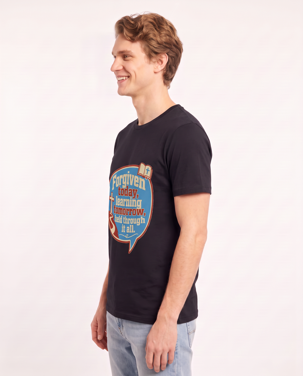 Graphic Men's Black T-Shirt - Forgiven today, learning tomorrow, held product image 2