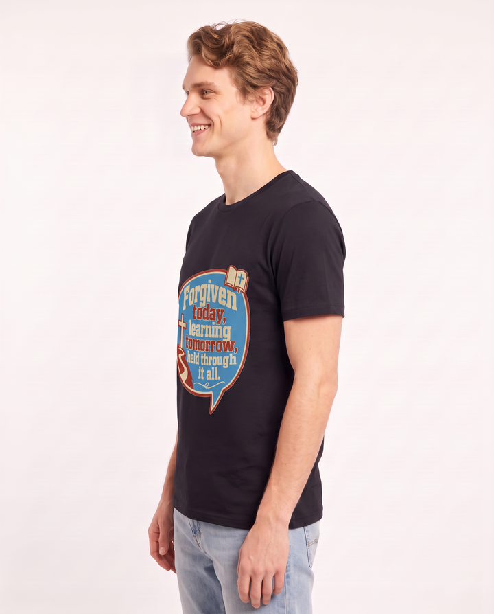 Graphic Men's Black T-Shirt - Forgiven today, learning tomorrow, held product image 2