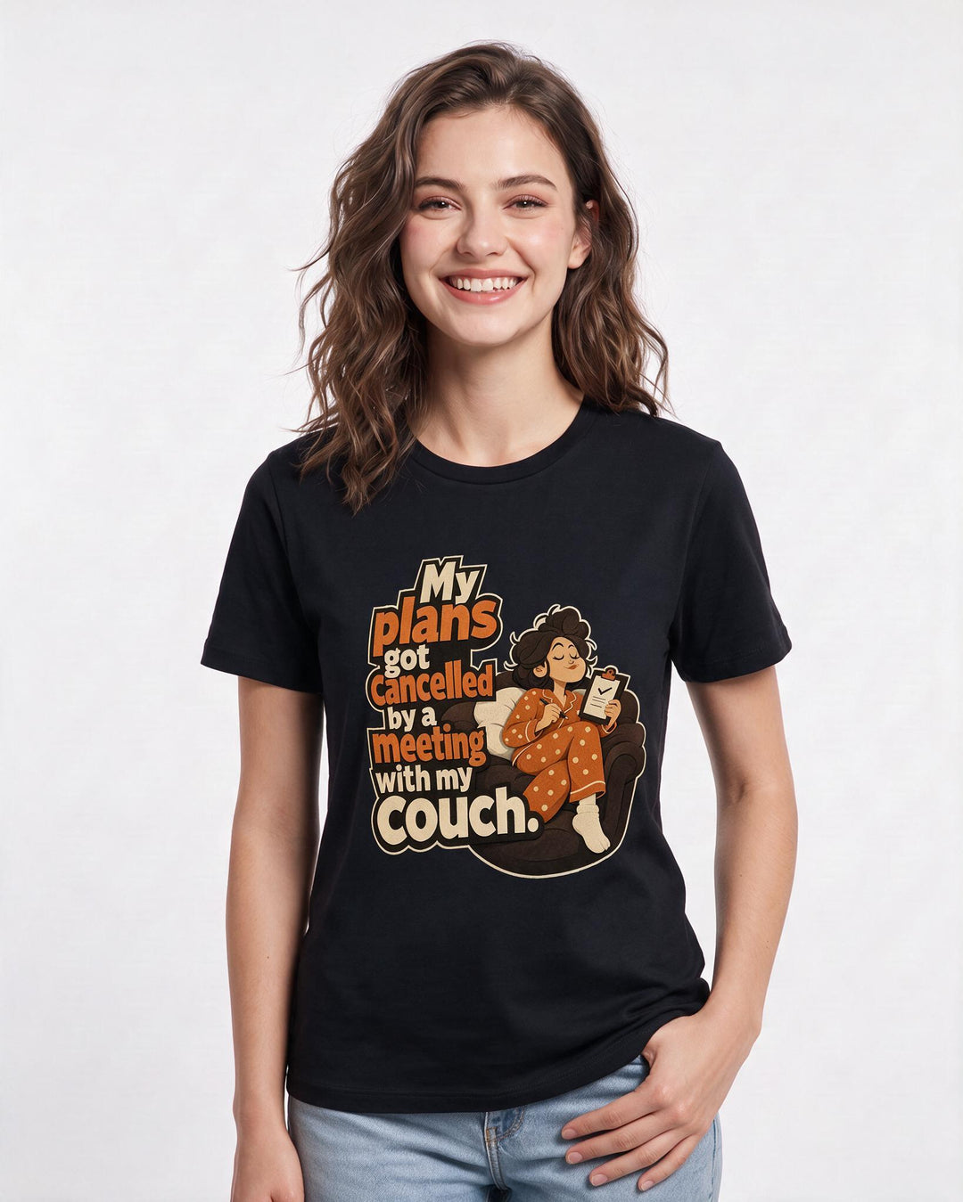 Funny Meme Women's Black T-Shirt – My plans got cancelled by a meeting with my couch product image 3